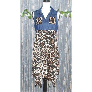 NWT Boutique Denim & Cheetah Print Vest Western Duster Sleeveless Jacket Size S